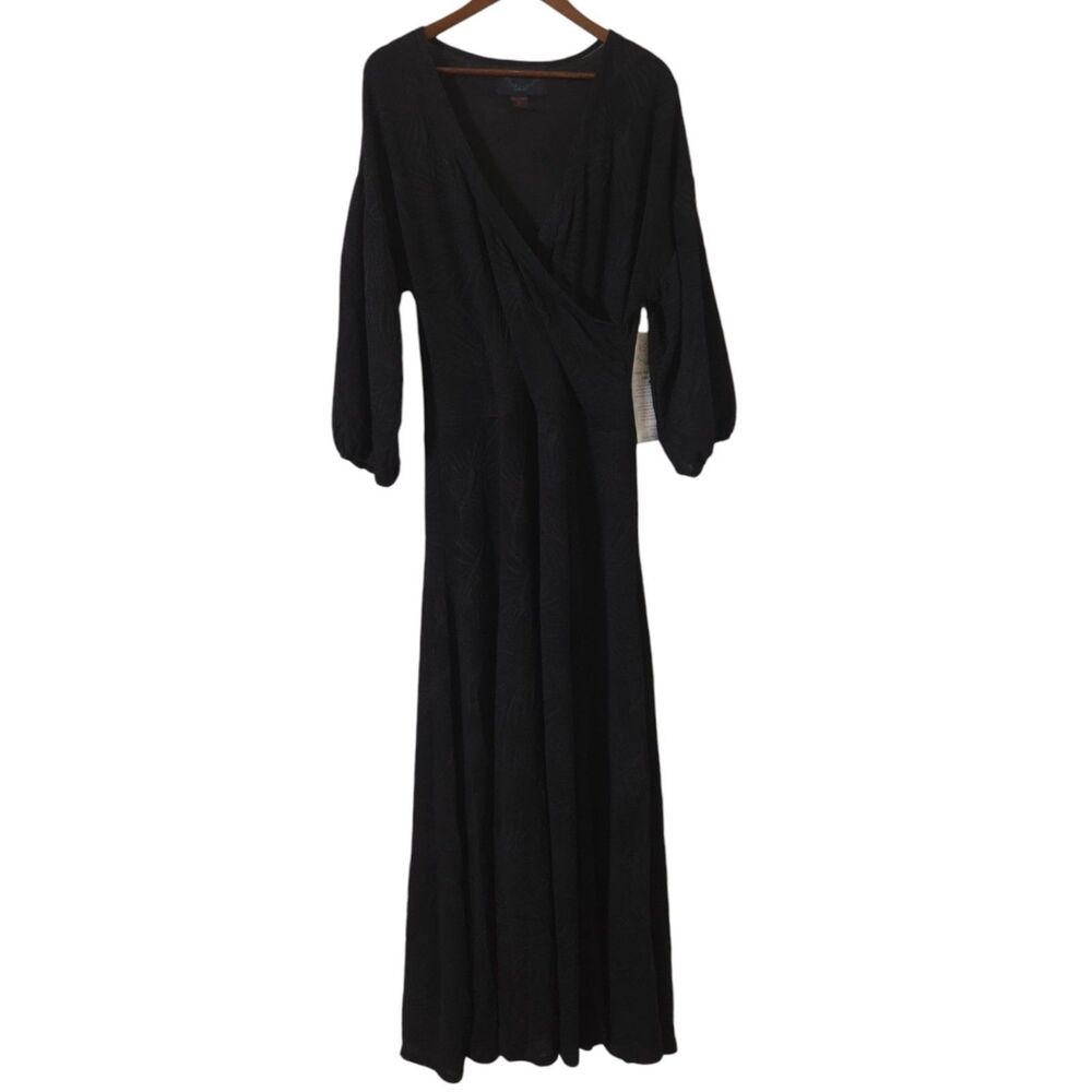 ASHRO Dress XL Maxi Surplice Neckline Palm Tree Print Black Stretchy NWT Womens